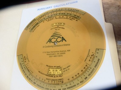 ACCA Duct Sizing & Auxiliary Calculations Slide Rule Duct Ruler Chart