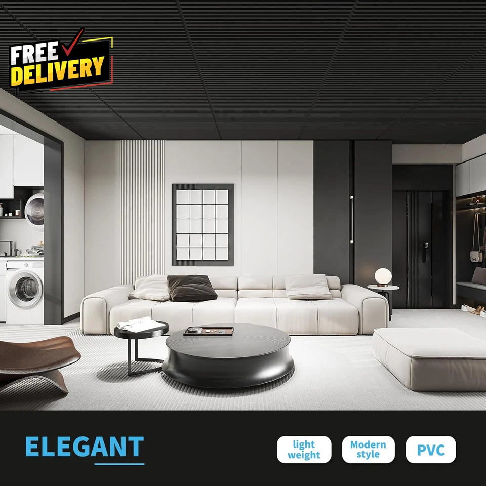 6 Pack 3D Slat Wall Panels 2x4ft PVC Decorative Ceiling Tiles Black - Image 3 of 4