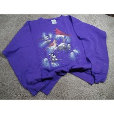 Vtg 90s Cotton Grove Purple Cardinal Bird Sweatshirt XL Faded Nature Winter USA