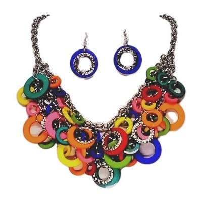 CHICO'S, FUN FUN FUN Rainbow    Colored Rings 11'L Necklace+1.5''L Earrings Jy3