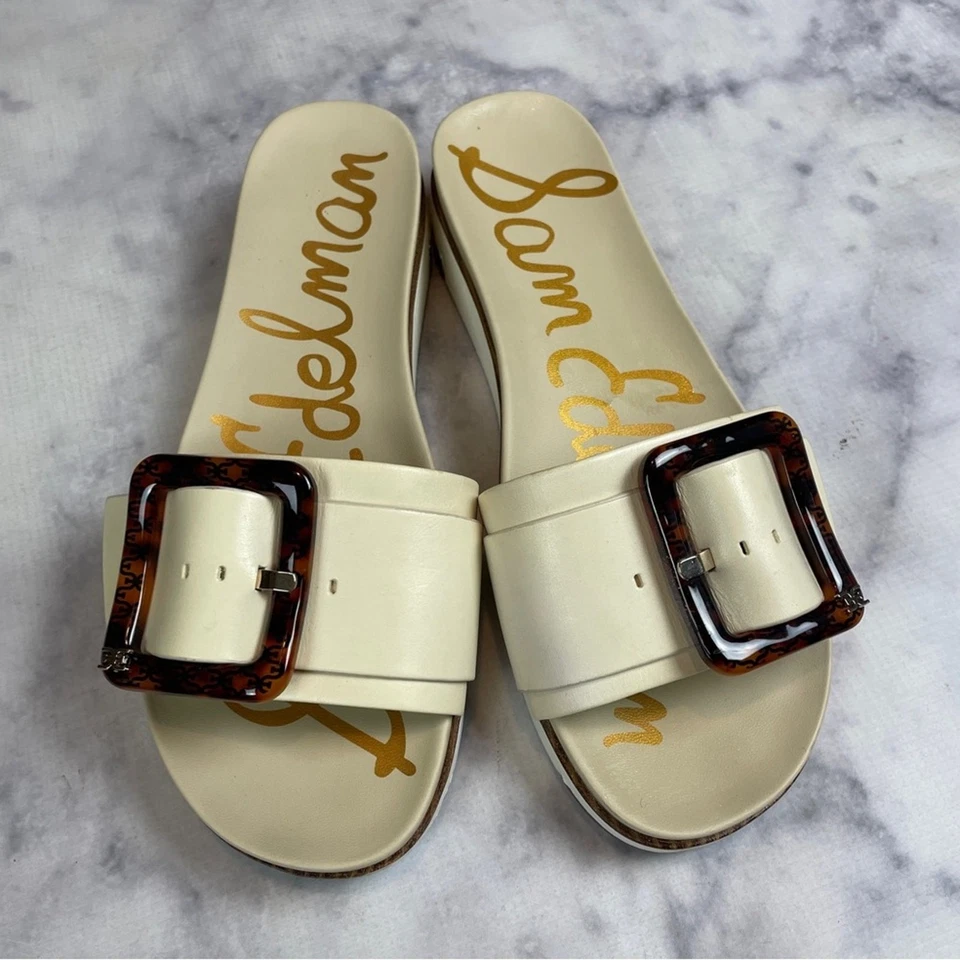 Sam Edelman Ariane Ivory Leather Slide Sandals Tortoise Buckle Sz 9 - Image 4 of 4