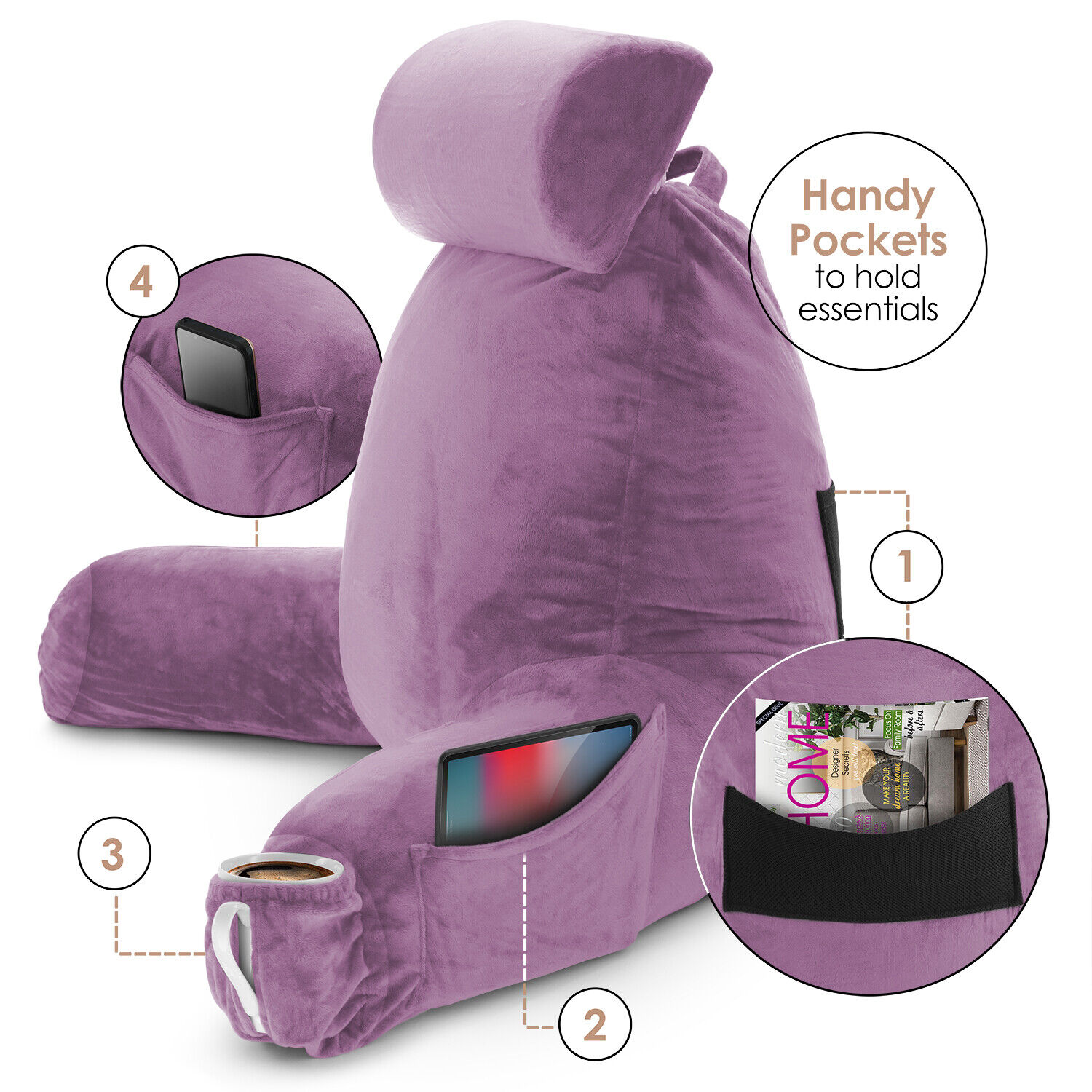 Large Soft Foam Reading & TV Relax Pillow + 2 Neck & Lumbar Pillows with Pockets - Picture 242 of 357