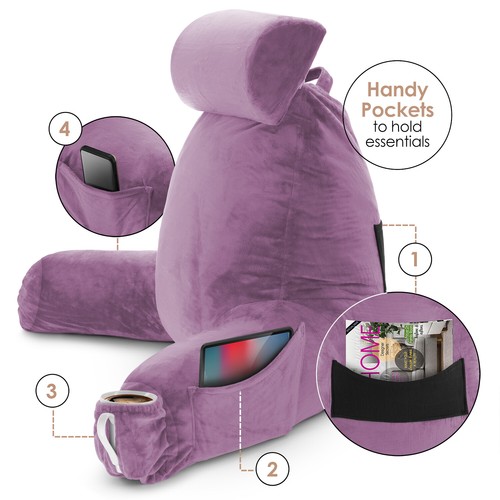 Large Soft Foam Reading & TV Relax Pillow + 2 Neck & Lumbar Pillows with Pockets - Picture 242 of 402