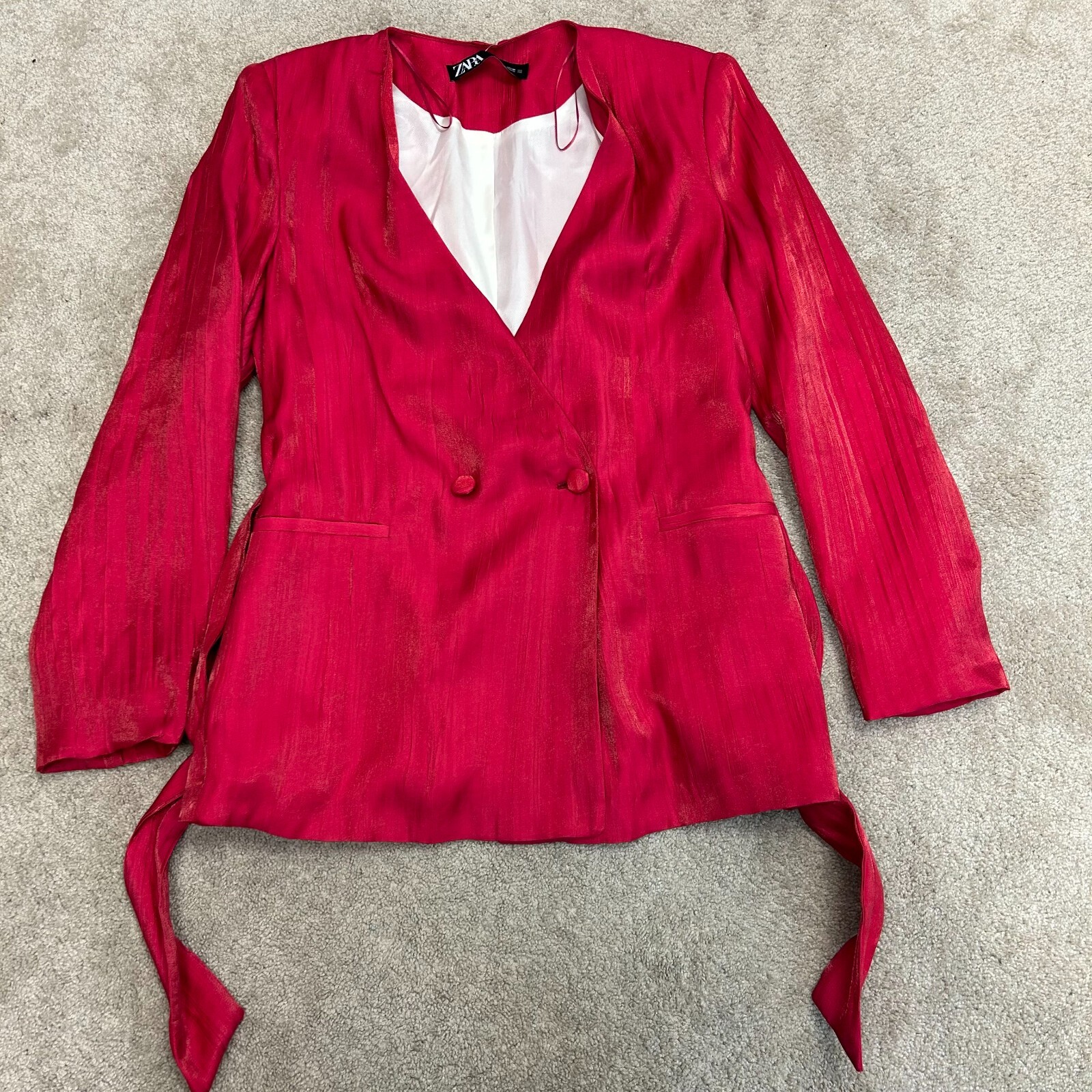 Zara Double Breasted Belted Tie Blazer Womens Medium Shiny Fuchsia Hot Pink NWOT image 8