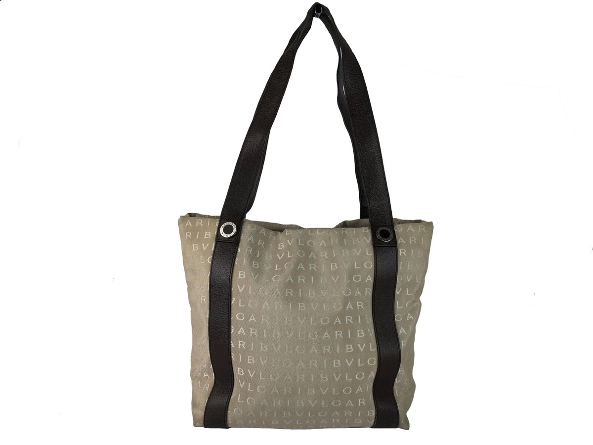 Bvlgari チャンドラ トートバッグ ベージュ/黒 BVLGARI Logo Tan Brown Canvas & Leather Tote Hand Bag Shoulder Bag