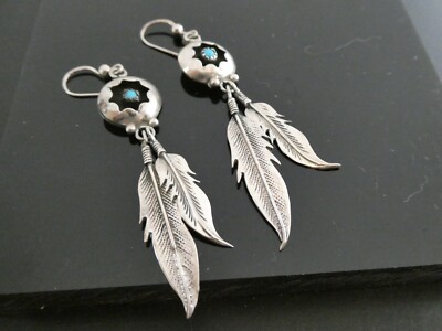 Navajo Jason Livingston Turquoise Gemstone Sterling Silver 925 Feather  Earrings