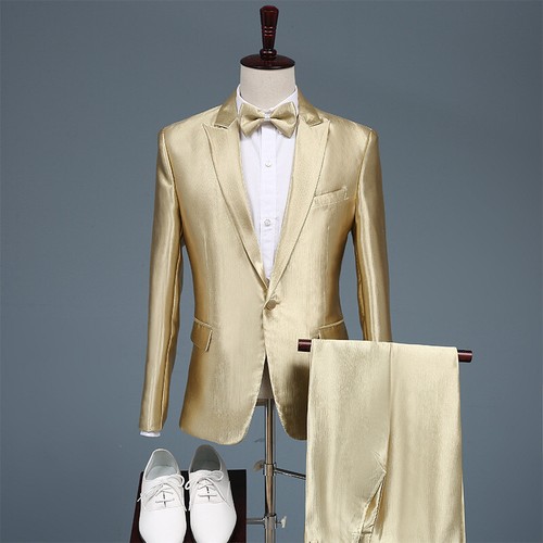 2pcs Suit + Pants Mens Shiny Gold Blazer JacketSingle-breasted Coats Party New - Bild 1 von 19