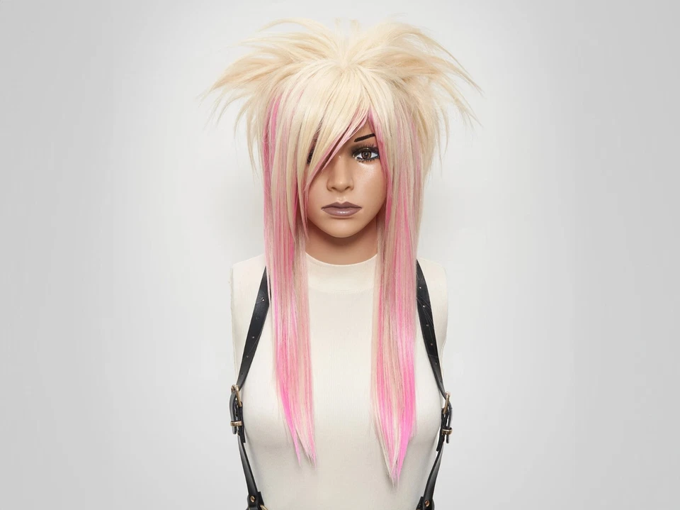 Peluca de escena emo rosa rubio platino con flequillo - Cabello sintético hecho a mano con disfraces Foto 2 de 4