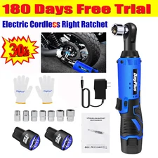 3/8'' Cordless Ratchet Right Angle Wrench Impact Power Tool 2 Battery & 7 Socket