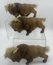 Lot Of 3 - Vintage 7" Long Plastic Felt Flocked Buffalo Bison Made In Hong Kong