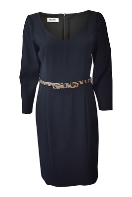 MOSCHINO Schwarzes Langarm Etuikleid Leopardenmuster Gürtel IT 44 | UK 12 | US 8