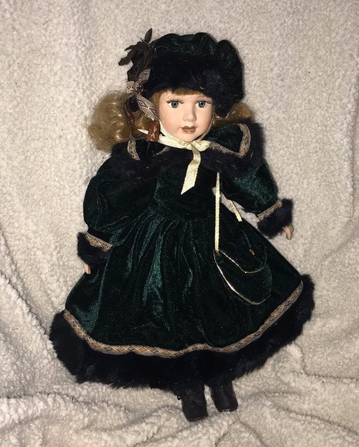 Century Porcelain 16” Doll Green Velvet Dress & Hat Curly Hair Hazel