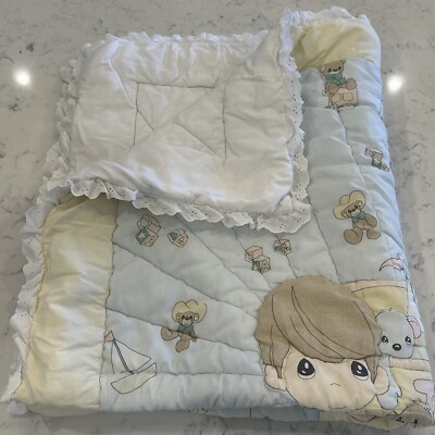 2f) VTG Precious Moments Baby Blanket Handmade Quilted Toys Bear Boy Bear Train