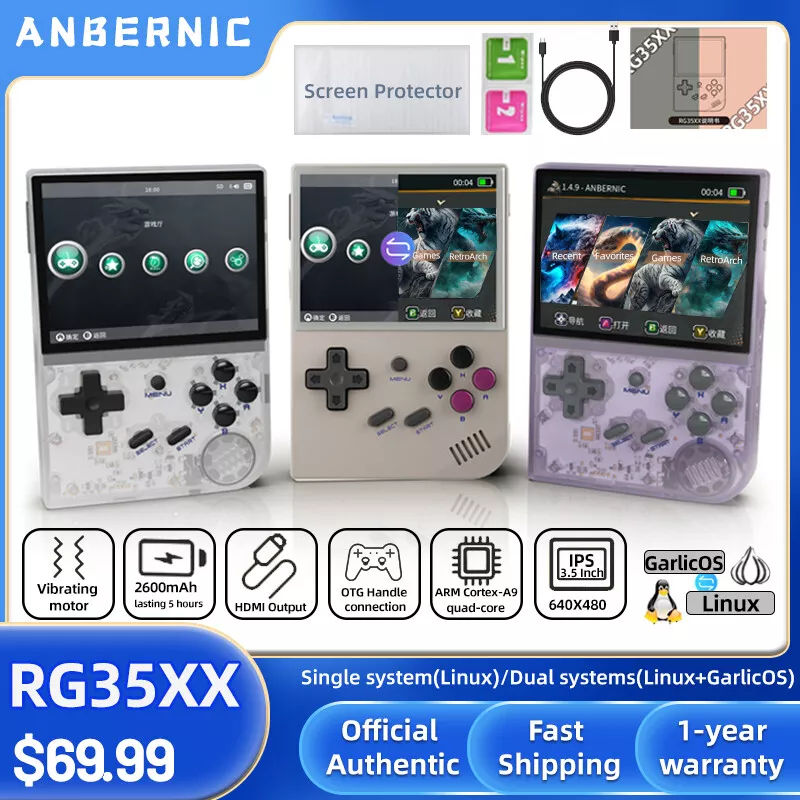  Anbernic RG35XX Handheld Game Console Retro Games Consoles with  3.5 Inch IPS Screen 64G TF Card 5474 Classic Games 2100mAh Battery Support  Linux and Garlic Dual Stylem, HDMI and TV Output