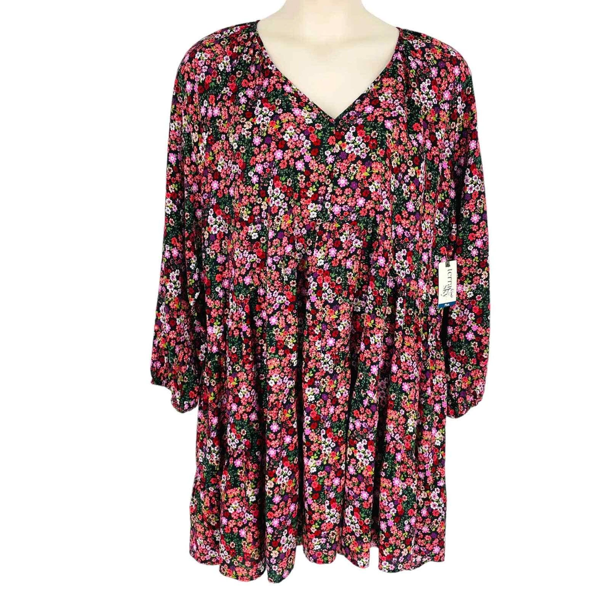 Terra Sky 2X Black Multicolor Micro Floral Print Tiered Peasant