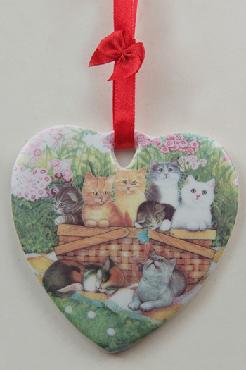 New Ceramic Heart Many Cats Ornament With Ribbon Hanger Kitty New In Box! Gift!!
