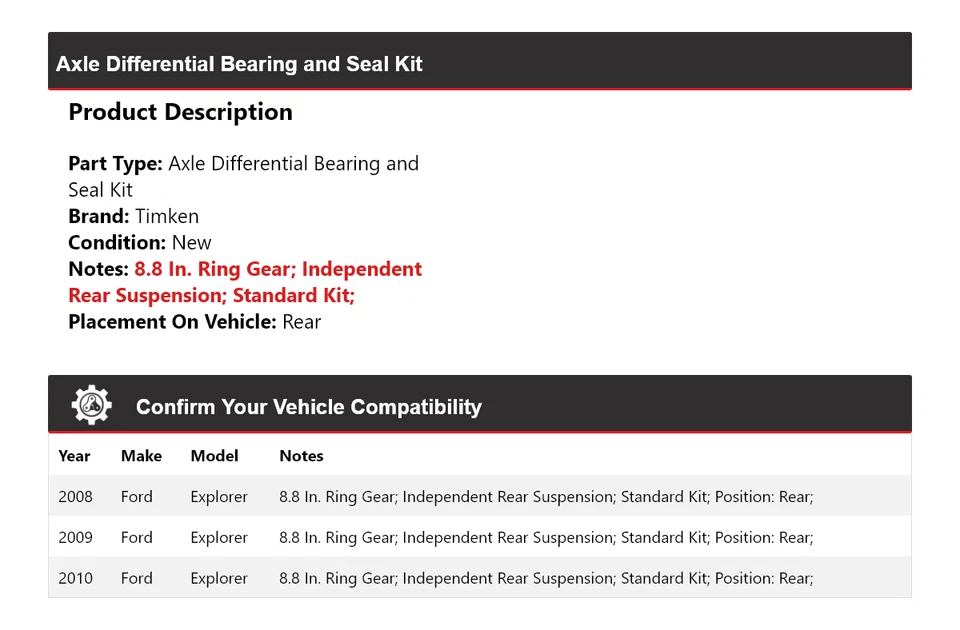 Kit de cojinete y sello diferencial de eje trasero Timken para Ford Explorer 2008-2010 Foto 2 de 3