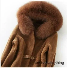 Womens Real Sheepskin Lamb Fur Coat Hooded Shearling Jacket Parka Coat Sz