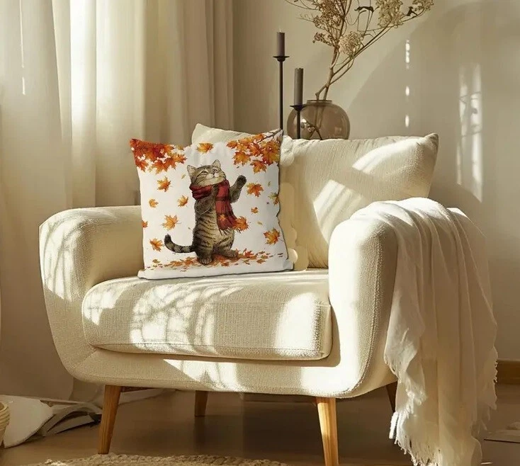 Whimsical Autumn Fall Cat Pillow Cover Maple Leaves Scarf Zipper LARGE 20"x20" - Image 3 of 3