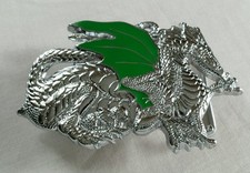 SHINY CHROME PLATED GREEN WINGED DRAGON SOLID BRASS BELT BUCKLE 1982