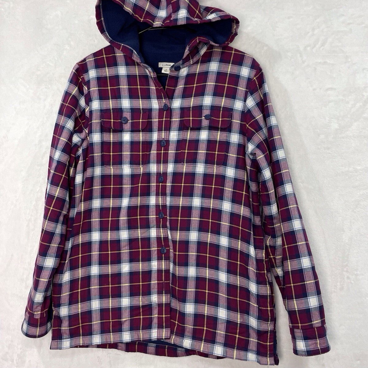 LL Bean Hoodie Flannel Women S Shacket Plaid Red Blue Fleece Lined