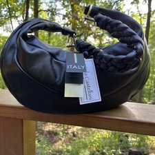 Viola Castellani Italian Designer Black Leather Bag W/ Braided Strap;nwt; Modern