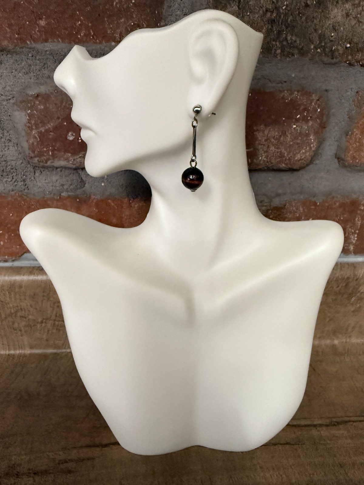 Dark Brown Bead Silvertone Dangle Post Pierced Ea… - image 3