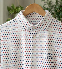 ⭐Rhoback Stars & Stripes Polo White Golf Performance Shirt Premium Feel Cool Dry