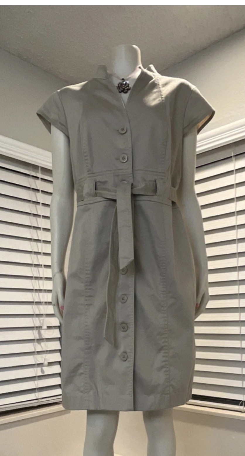 Calvin Klein Beige Shirt Dress Button Front Belted Collared Cap Sleeve 6