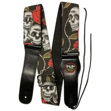 Guitar Strap, RockYou 2" Denim Adjustable, Pic Holder, SKULLS & ROSES