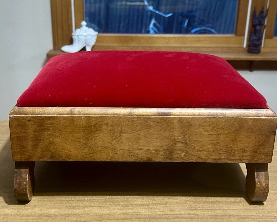 Vintage Red Velvet Walnut ? Wood Wooden  Small Footstool Foot Rest Mid Century - Image 4 of 4