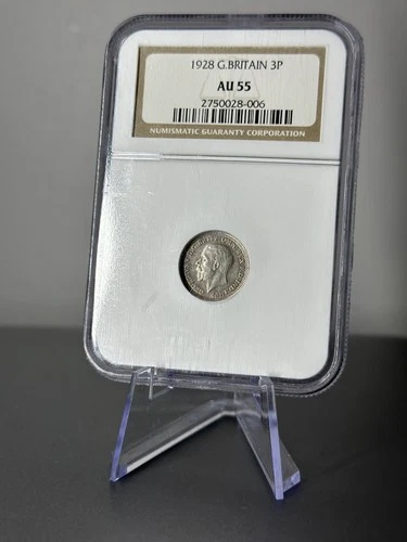 1928 GREAT BRITAIN THREE PENCE SILVER COIN NGC AU55 KM# 831