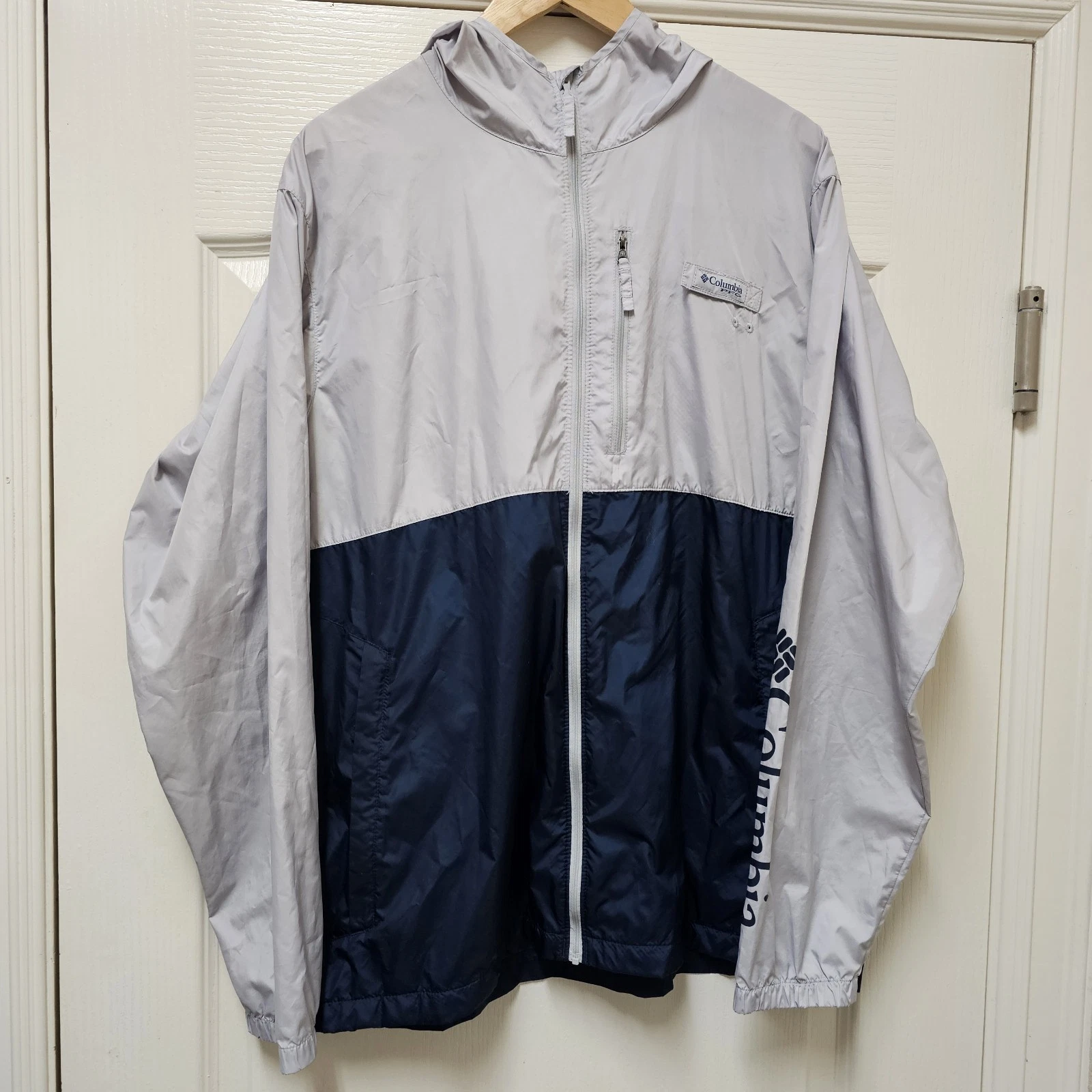 Columbia PFG Hooded Jacket Mens L Blue Gray Windbreaker Terminal Spray Fishing