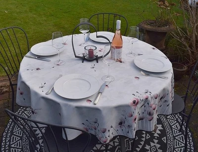 Tischdecke Provence 160 cm rund hellgrau mit Mohnblumen aus Frankreich bügelfrei - Bild 1 von 4