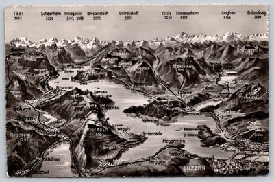 Vintage Relief Map Postcard Lake Lucerne & Swiss Alps Panoramic View c.1920s E64