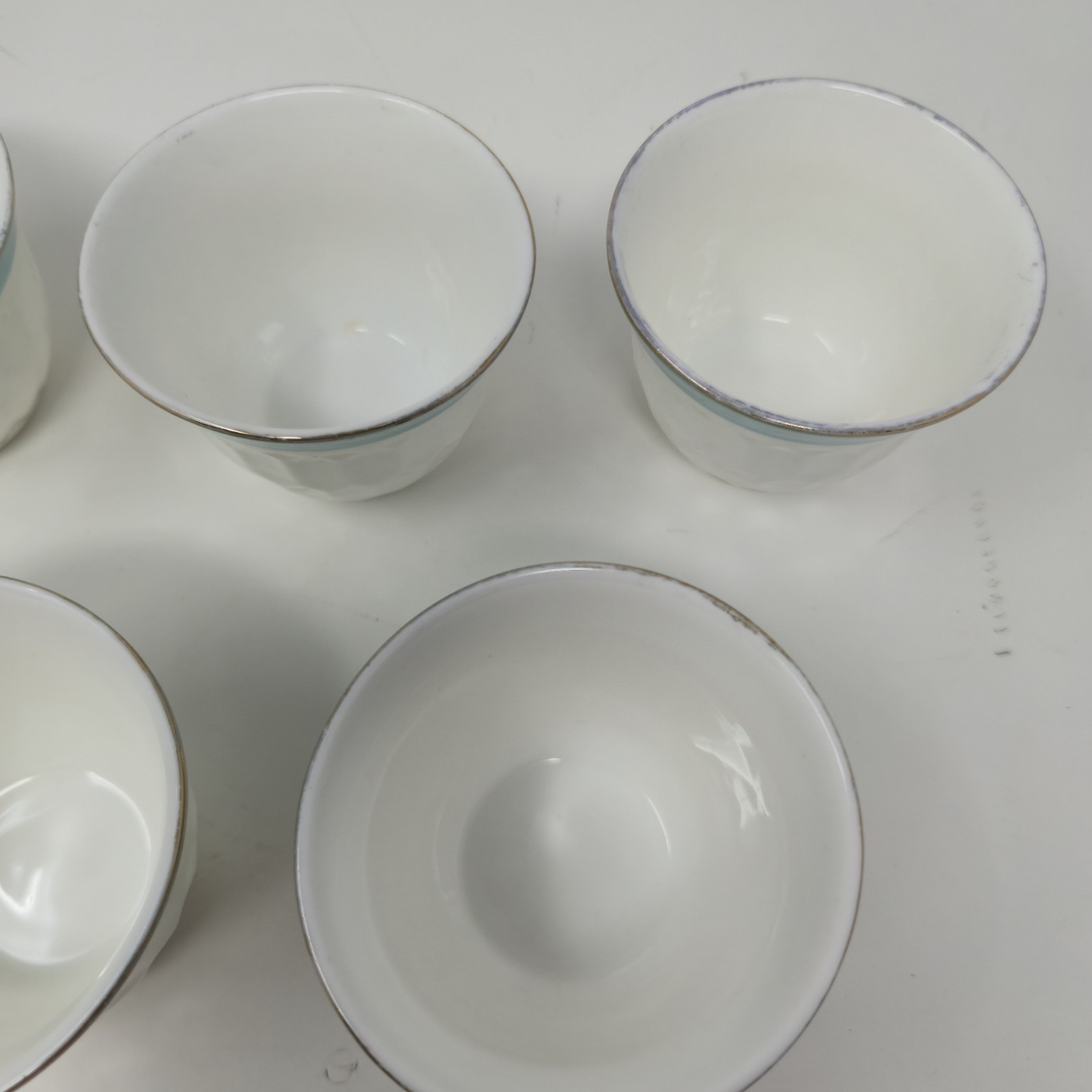 Vintage Set of 7 Porcelain Coffee Cups - White with Blue Band & Gold Trim image 5