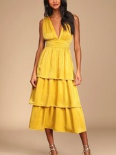 Lulus Peak Party Vibe Mustard Yellow Satin Tiered Tie-Back Midi Dress Size S