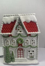 Elegant White Red Green Glitter Light-Up Christmas Village House  12 Inch X 8