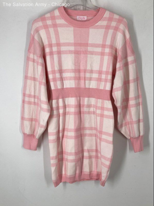 Pink Lily Womens Pink White Plaid Long Sleeve Crew Neck Knit Sweater Dress Sz S