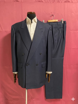 LANVIN PARIS Vintage Double Breasted Wool Suit Set Navy R54-48 XXL