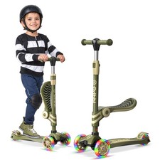 Army 3 Wheel Scooter with Seat for Kids, Light-Up Wheels, Adjustable Lean to Ste