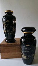 Vtg Pr. Japanese Black Laquer Gilt Vases Mt Fugi & Pagoda Scenes w/Lids or Bases