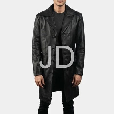 Men trench coat genuine lambskin leather long winter knee length jacket coat