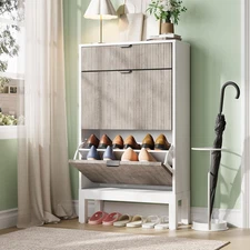 Shoe Storage Cabinet with 2 Flip Drawers, Farmhouse Fluted Shoe Organizer with M