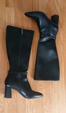 Anne Klein Black Leather Knee-High Boots Sz 6.5 Block High Heel Classic Comfort