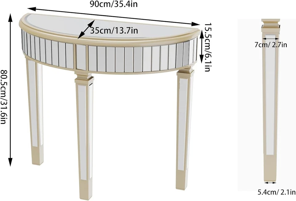 Elegant Mirrored Half Moon Console Table 90x35x80.5cm - Chic Hallway Decor - Image 2 of 4