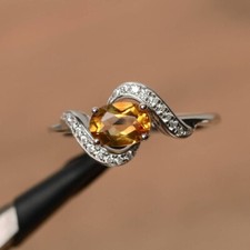 1.30Ct Oval Cut Lab-Created Yellow Citrine Engagement Ring 14K White Gold Plated