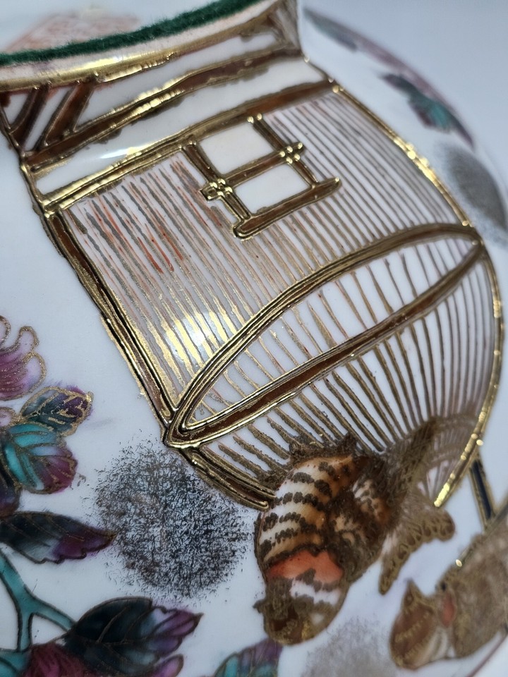 Antique Hand Painted Bird & Cage Large 10" Porcelain Punch Bowl