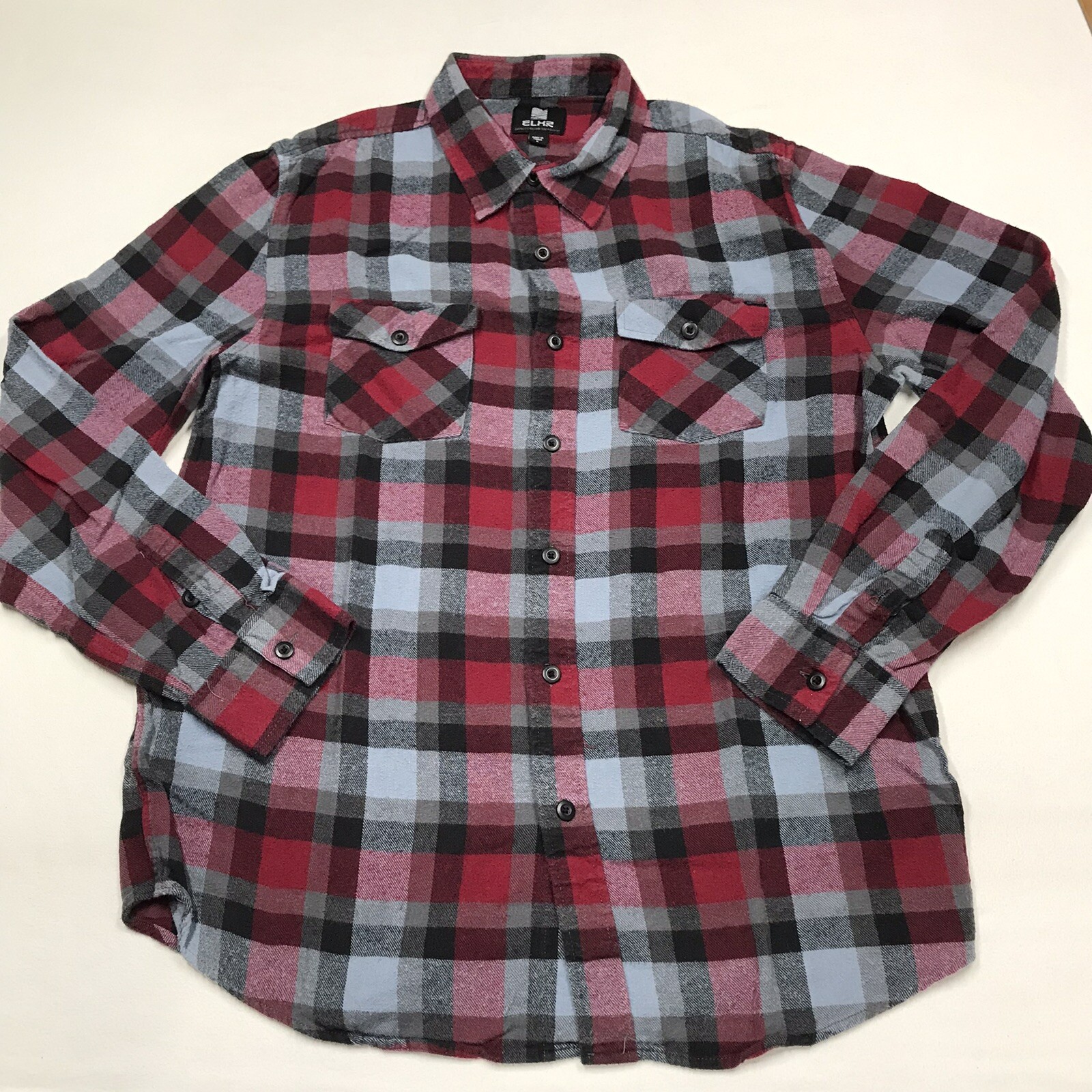 ELXR Flannel Shirt Men L Red Gray Gingham Plaid Skate Grunge Academia College-image