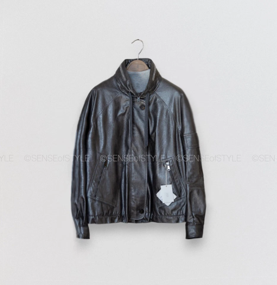 Chaqueta de Cuero Brunello Cucinelli Top Metálico Monili Trim Diseñador 42 M $8995  Foto 3 de 4